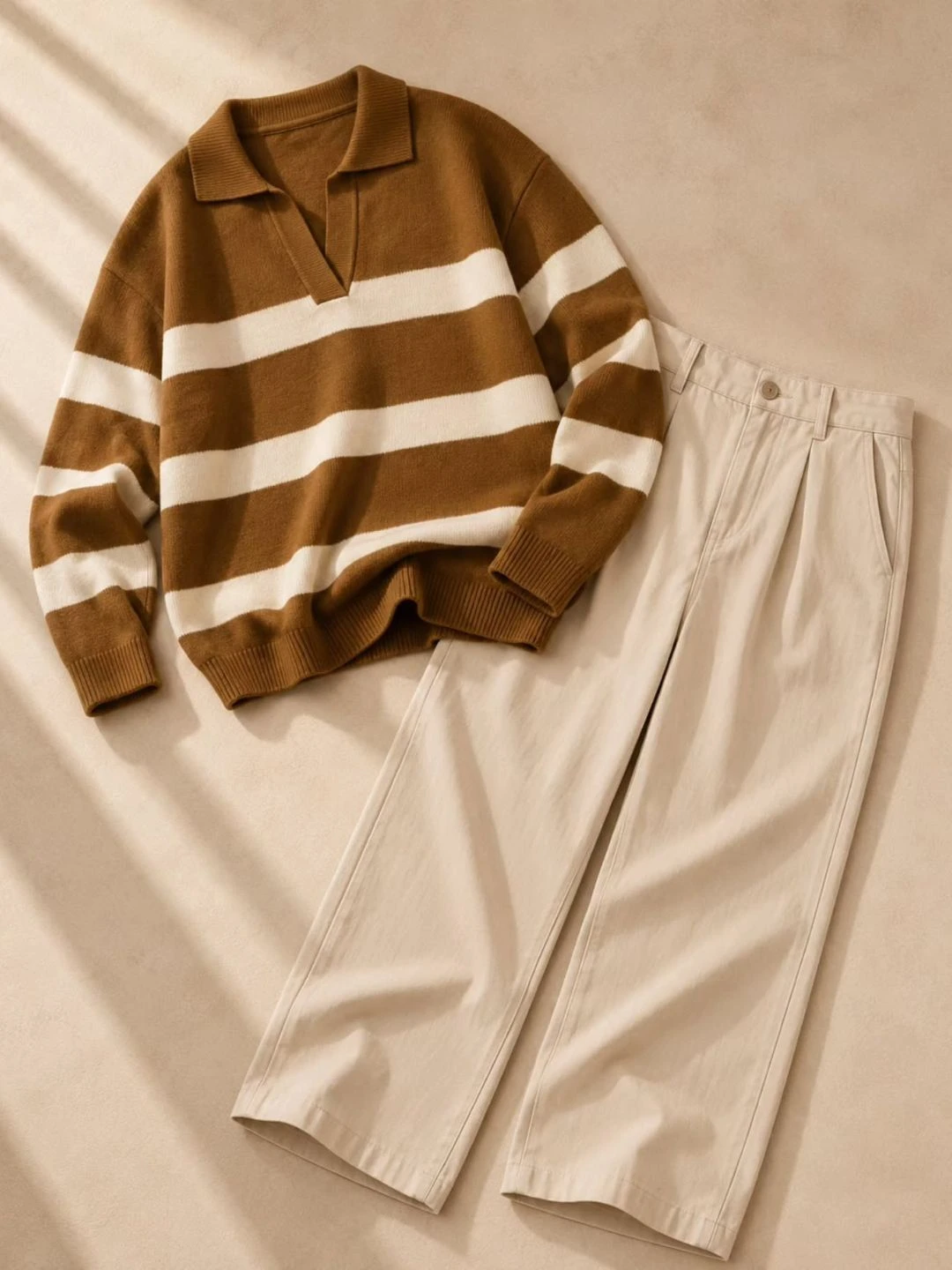 Men's Long-Sleeve Striped V-Neck Knit Pullover Sweater with Relaxed Tailored Trousers Combo