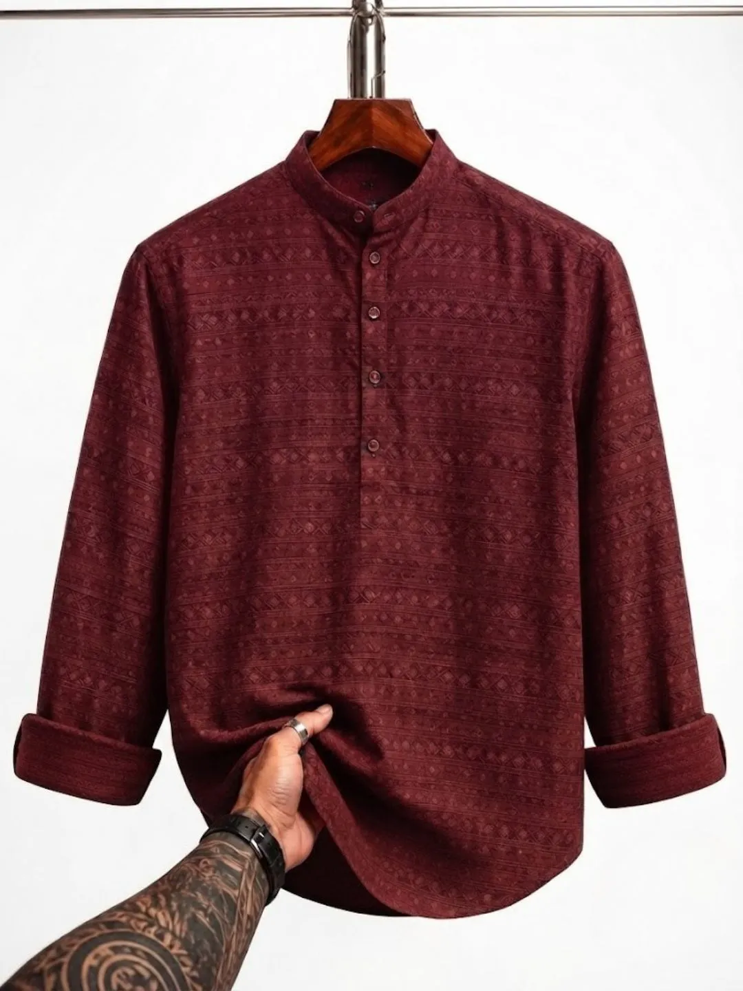 Men's Long-Sleeve Mandarin Collar Textured Short Kurta Shirt