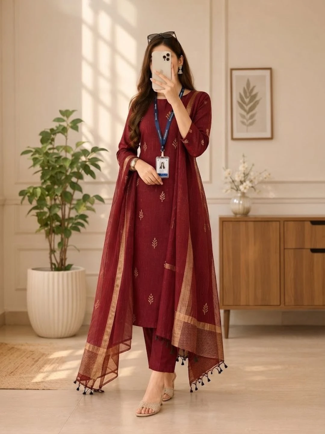 Women's Three-Piece Foil-Printed Straight Kurta with Trousers and Zari-Bordered Dupatta Set
