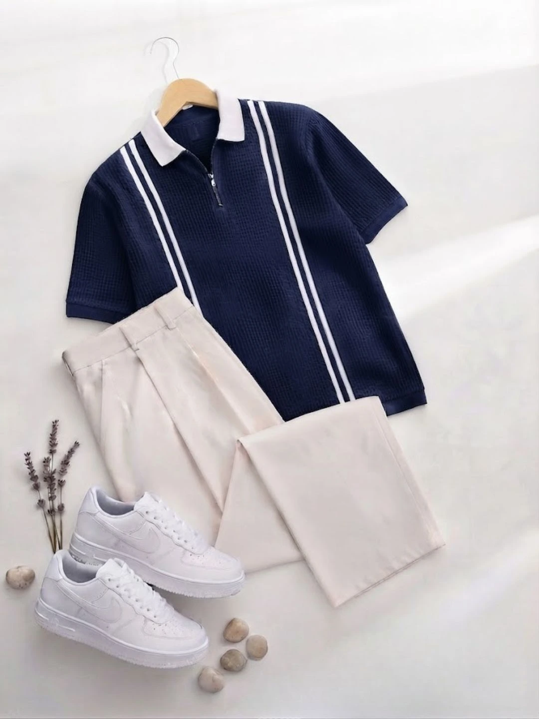 Men's Short-Sleeve Quarter-Zip Striped Waffle Knit Polo Shirt with Pleated Trousers Combo