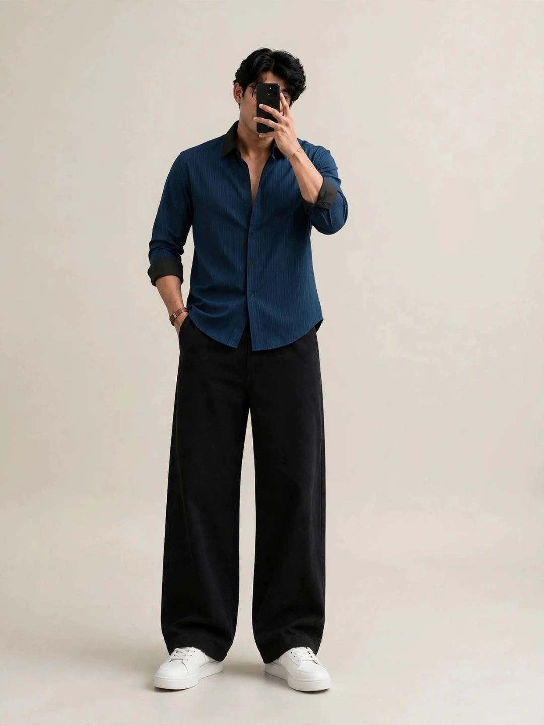 Men's Long-Sleeve Button-Down Shirt with Contrast Collar