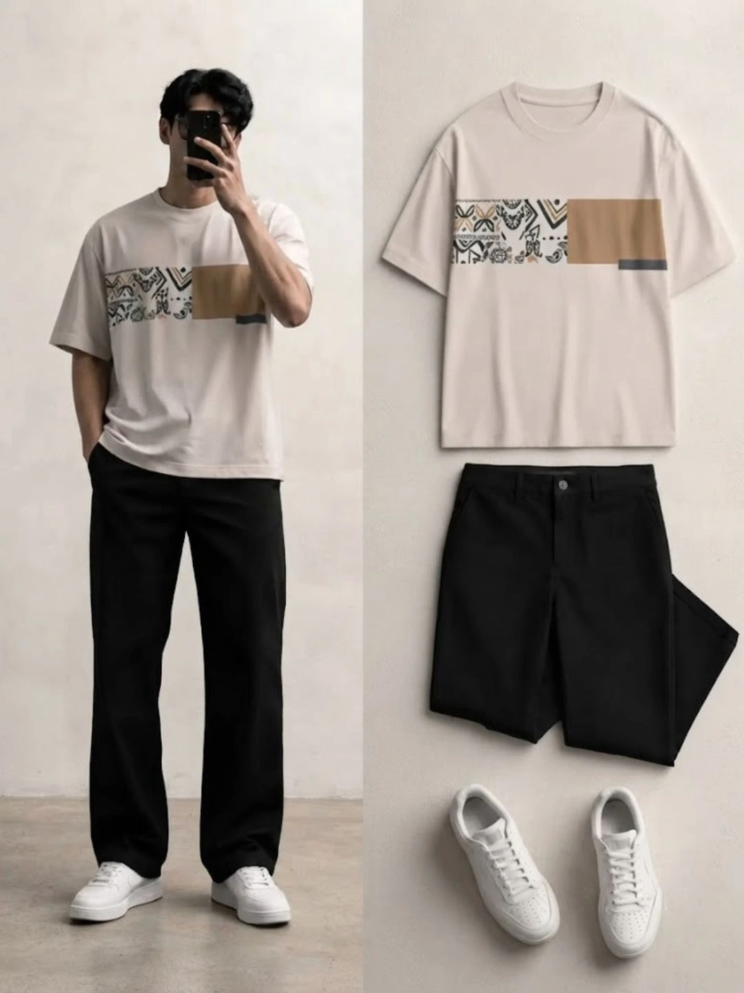 Men's Short-Sleeve Graphic Chest Block T-Shirt with Relaxed Dark Trousers Set