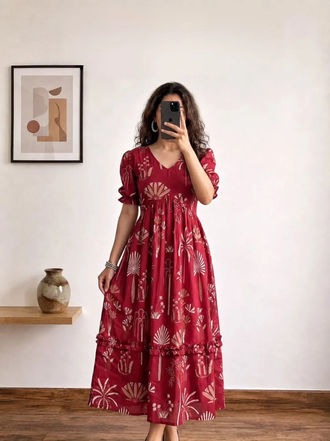 Women's Short Puff-Sleeve V-Neck Flared Maxi Dress