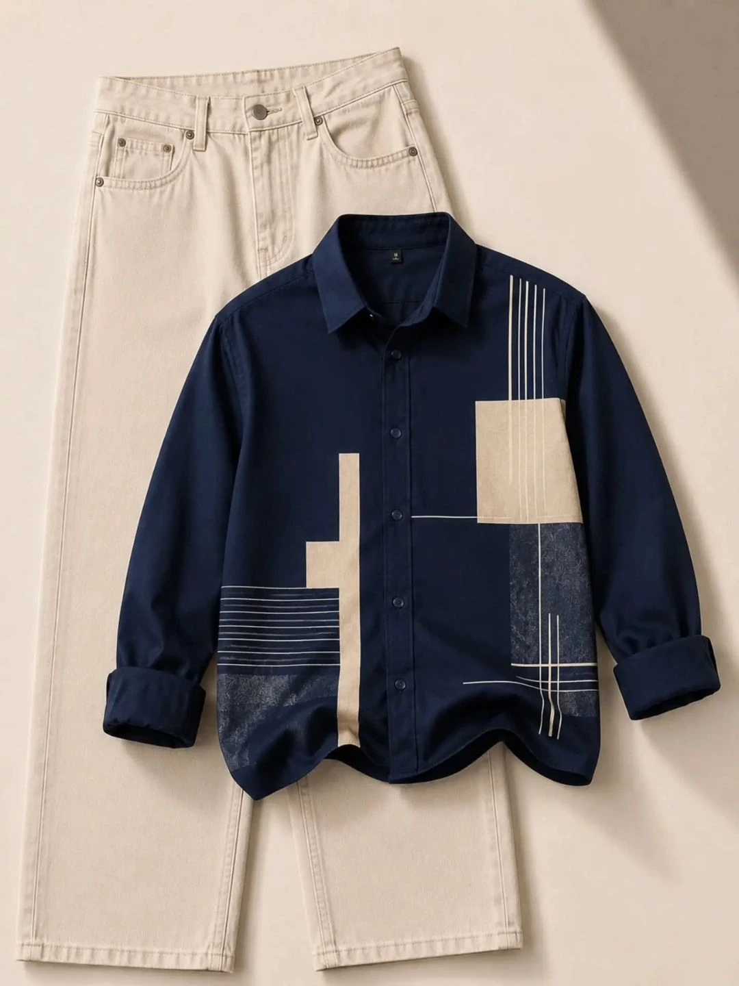 Men's Long-Sleeve Abstract Geometric Print Button-Down Shirt and Tailored Trousers Set