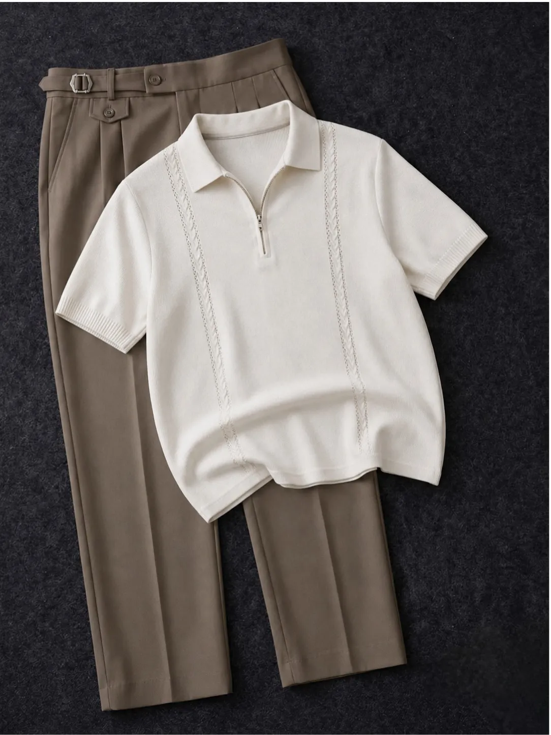 Retro Geometric Knit Polo & Tailored Black Trousers Set