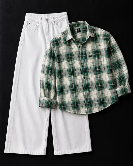Relaxed Green Plaid Shirt & Wide-Leg White Denim Combo