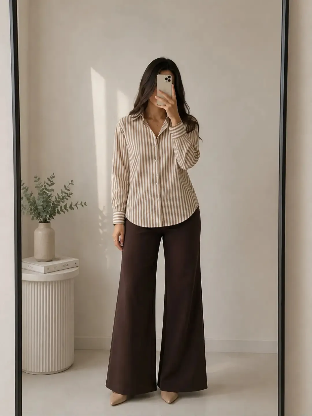 Neutral Beige Striped Button-Down & Espresso Wide-Leg Trousers Set