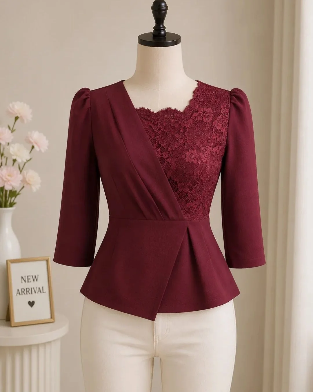 Sophisticated Burgundy Lace-Detail Peplum Top