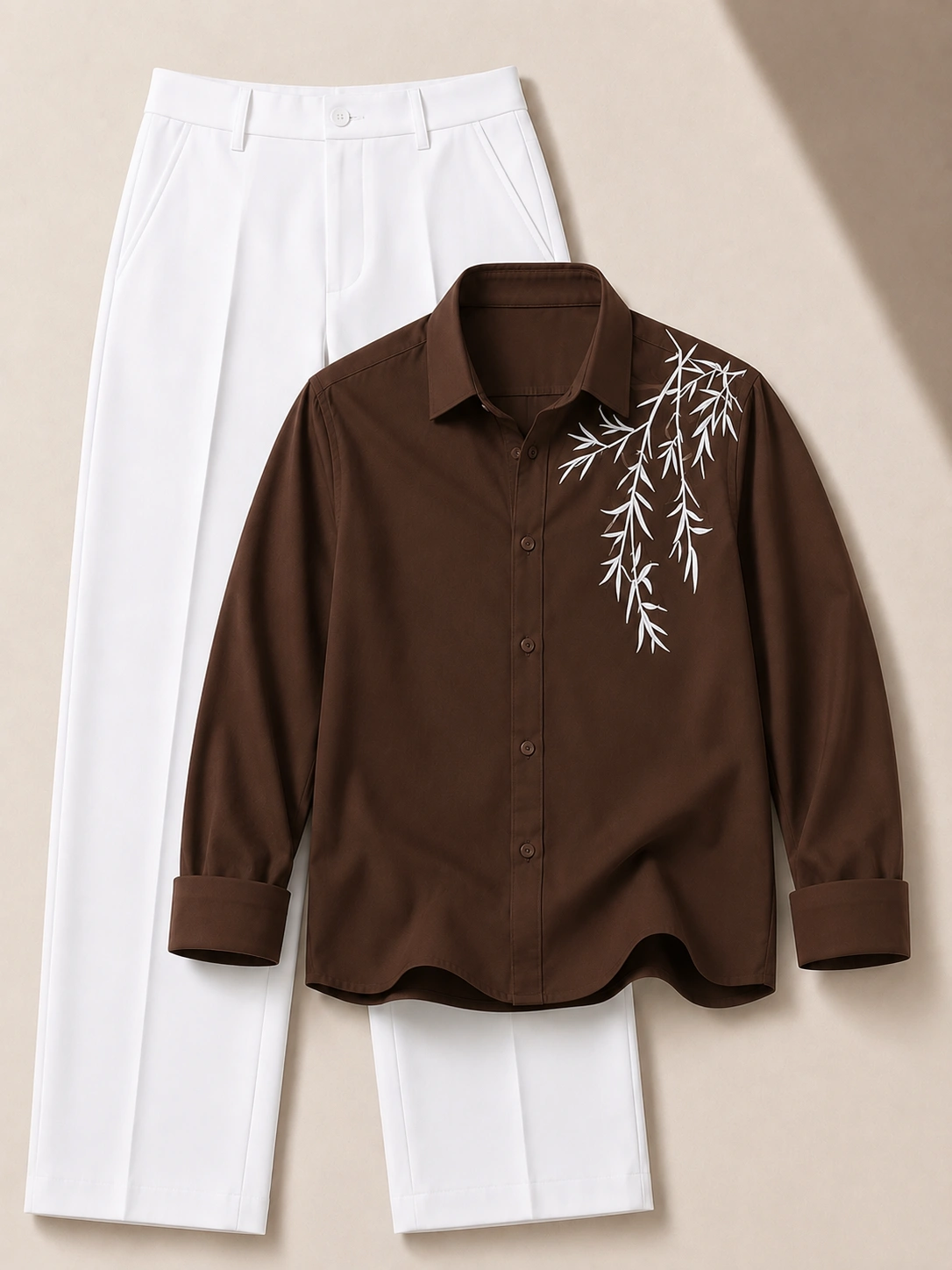 Earthy Sophistication Embroidered Chocolate Shirt & Crisp White Trousers