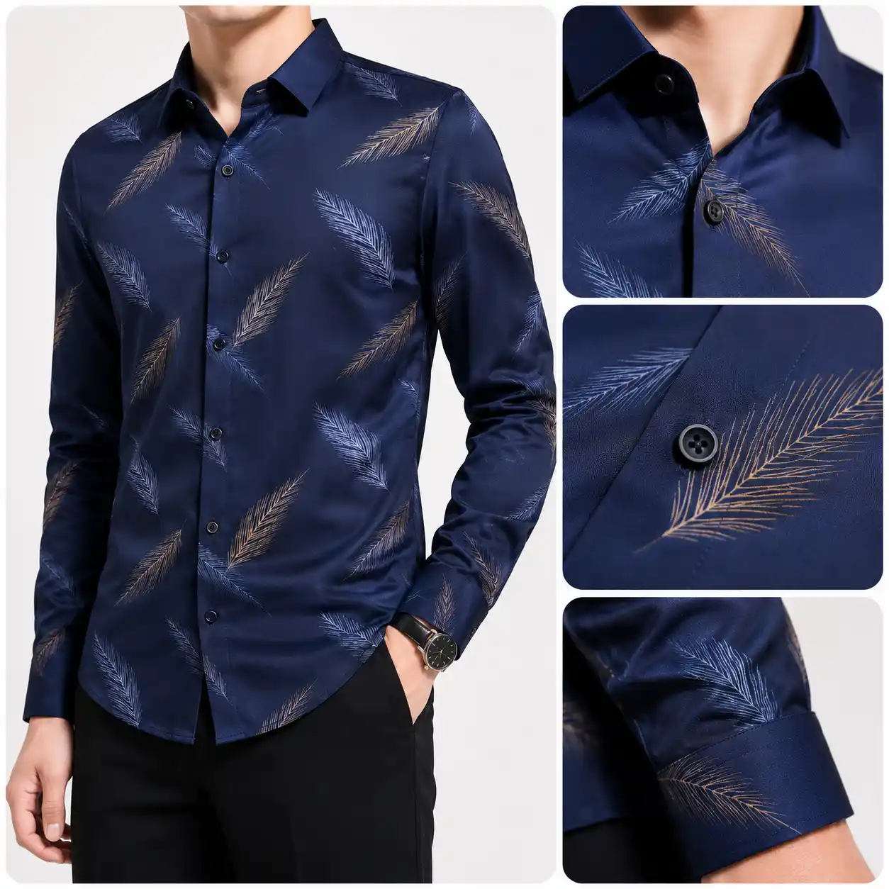 Sophisticated Navy Blue Feather Print Button-Down Shirt