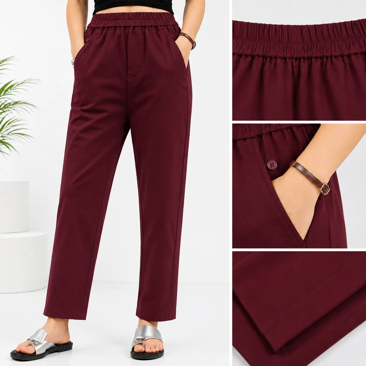 Elegant Burgundy Elastic Waist Tapered Trousers