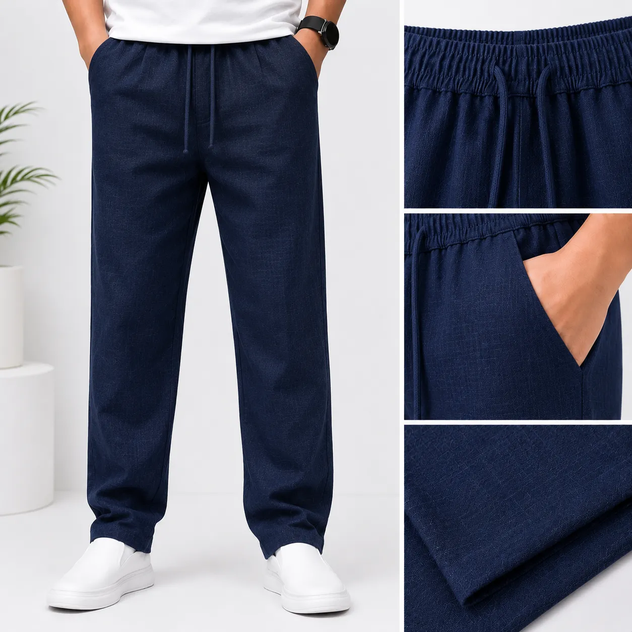 Comfortable Navy Blue Drawstring Casual Trousers