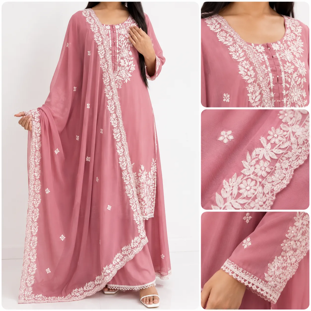 Mauve Pink Chikankari Embroidered 3-Piece Suit Set