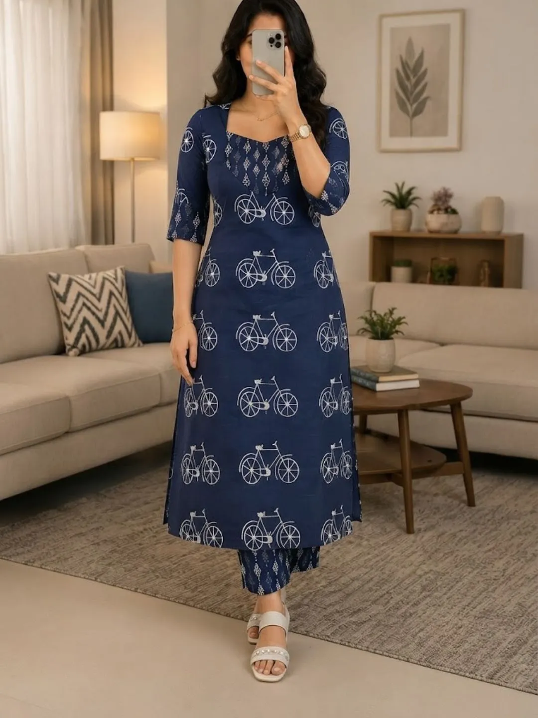 Women's Three-Quarter Sleeve Straight Kurta with Printed Palazzos Set
