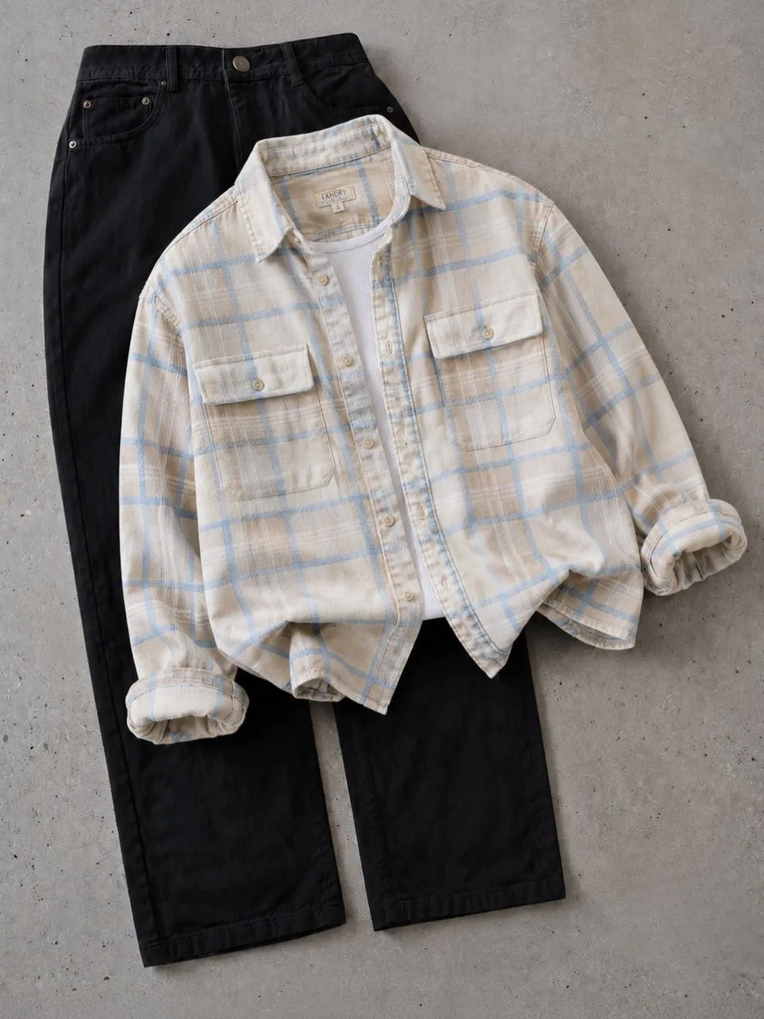 Men's Long-Sleeve Over-Shirt with Inner Layer Tee and Straight-Fit Denim Jeans Set