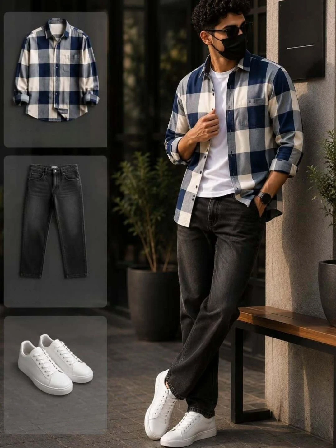 Men's Long-Sleeve Over-Shirt with Inner Layer Tee and Straight-Fit Jeans Ensemble