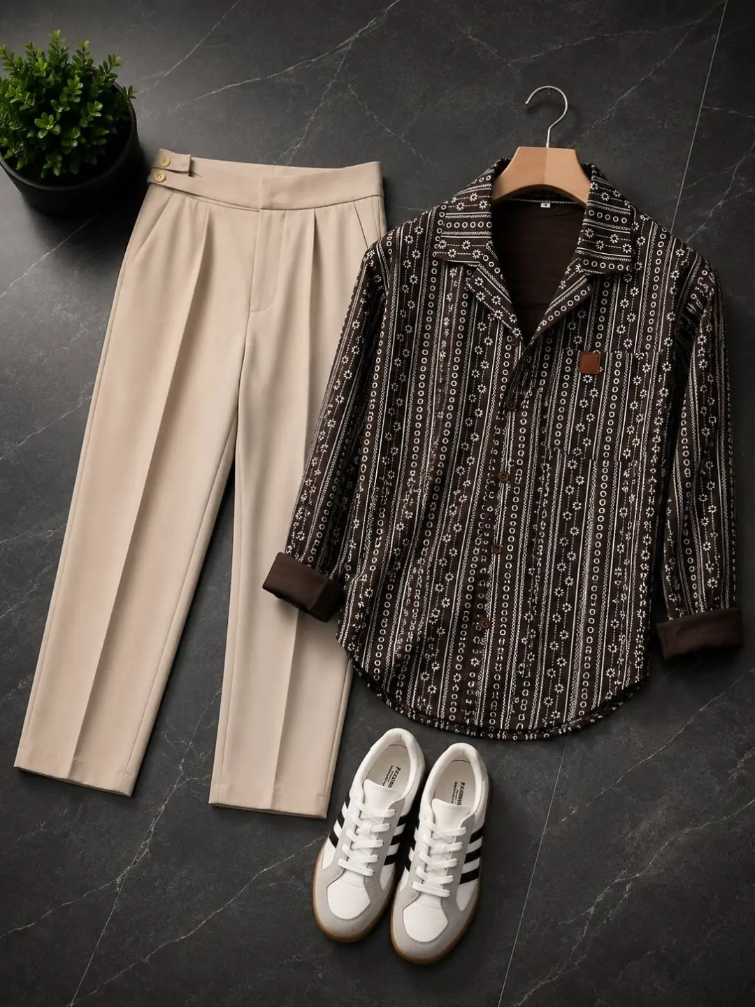 Men's Long-Sleeve Over-Shirt with Classic Spread Collar and Trousers Combo