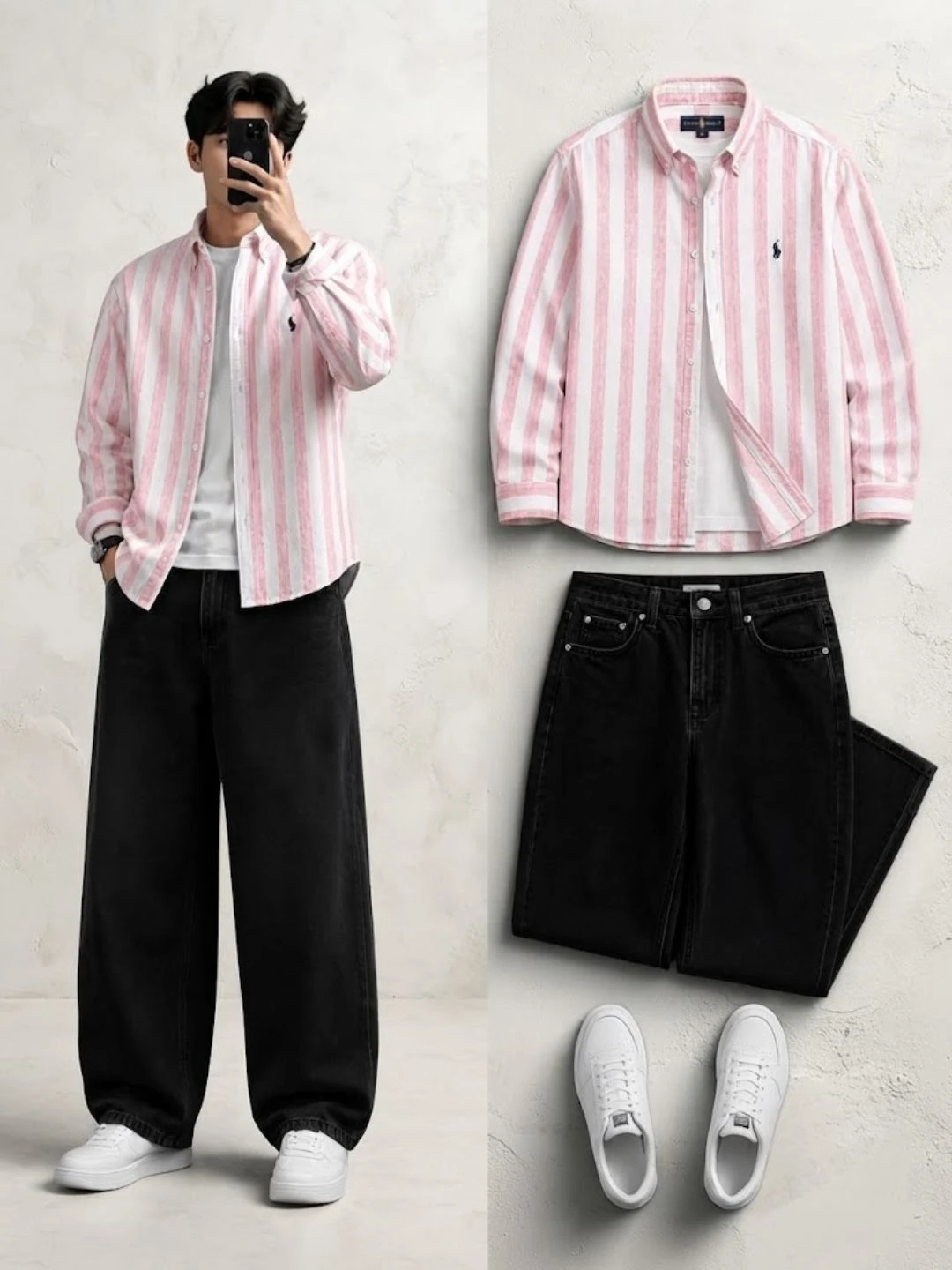 Men's Long-Sleeve Striped Button-Down Overshirt with Inner Tee and Dark Jeans Combo