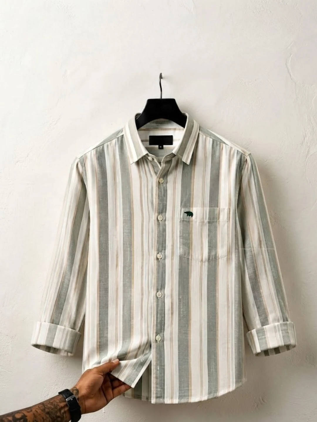 Men's Vertical Striped Button-Down Shirt with Chest Pocket