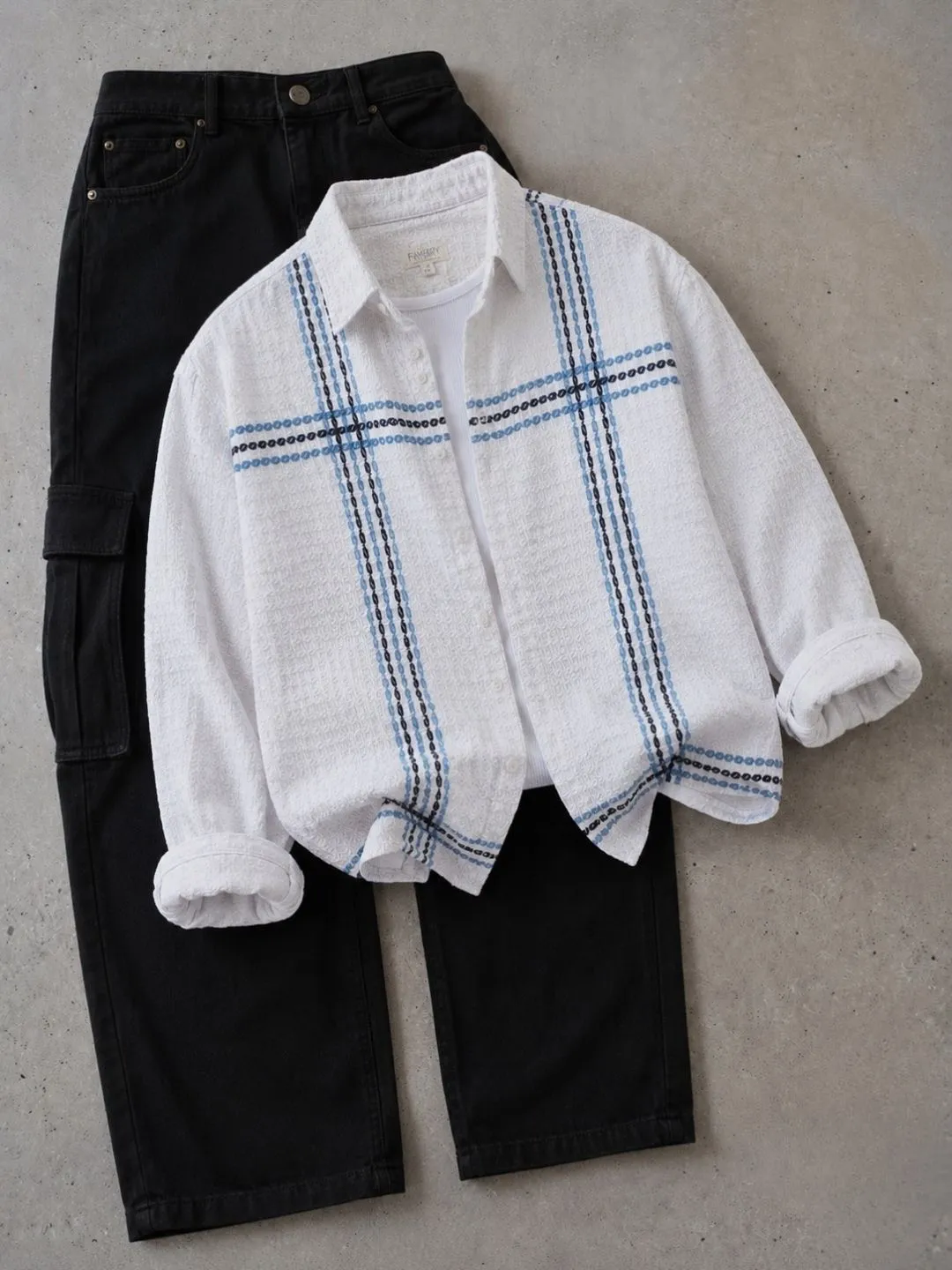 Men's Long-Sleeve Patterned Button-Down Overshirt with Inner Tee and Cargo Pants Combo