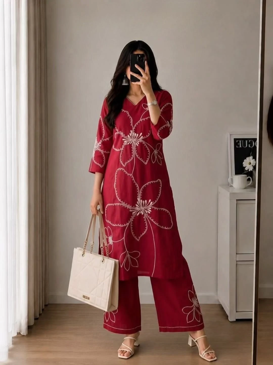 Women's Three-Quarter Sleeve Straight Kurta with Matching Floral Palazzo Pants Set