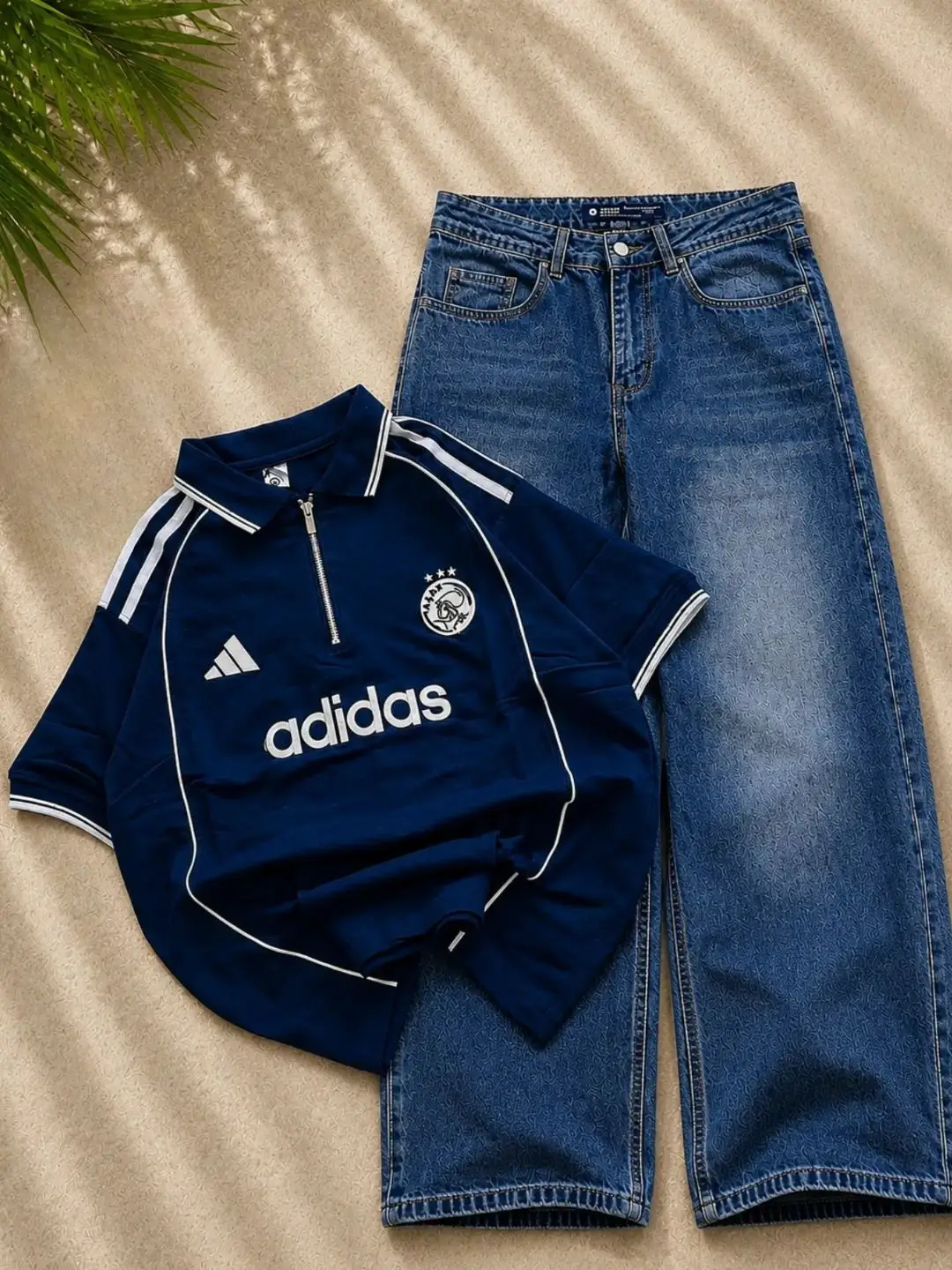 Classic Navy Adidas Zip Polo & Wide-Leg Denim Set
