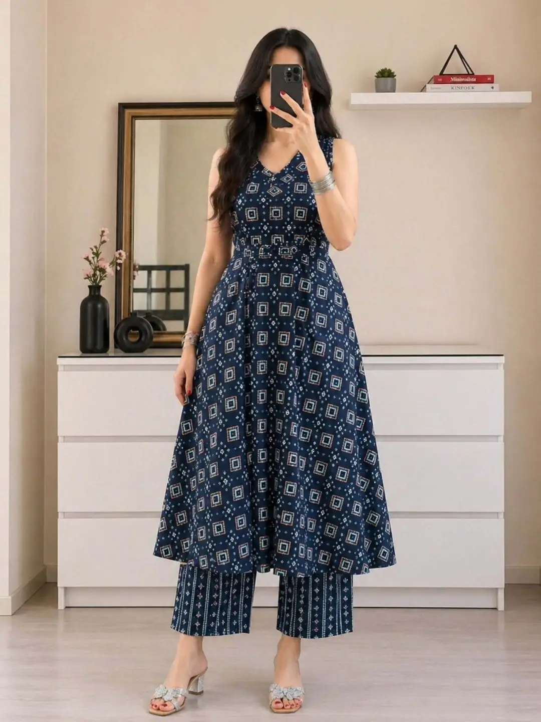 Midnight Blue Geometric Flared Tunic & Palazzo Set