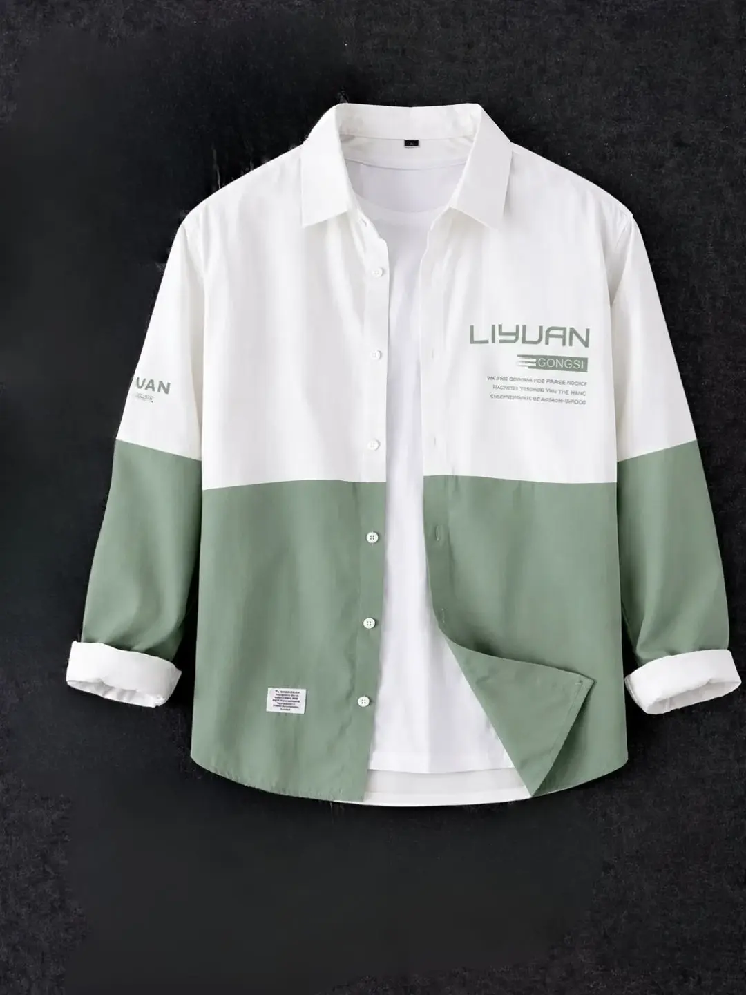 Color-Blocked Sage Green & White Button-Up Shirt