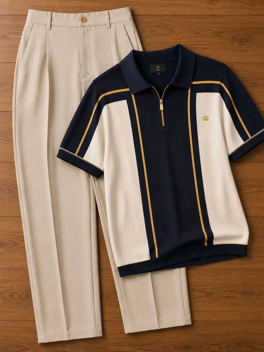 Elegant Navy & Cream Zip Polo with Tailored Trousers Set