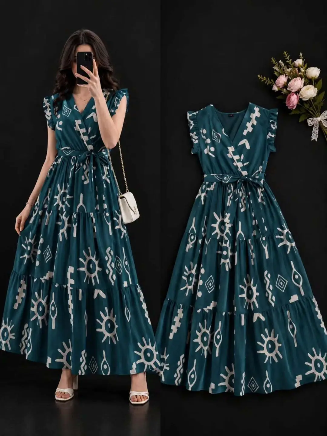 Teal Geometric Print Tiered Maxi Dress
