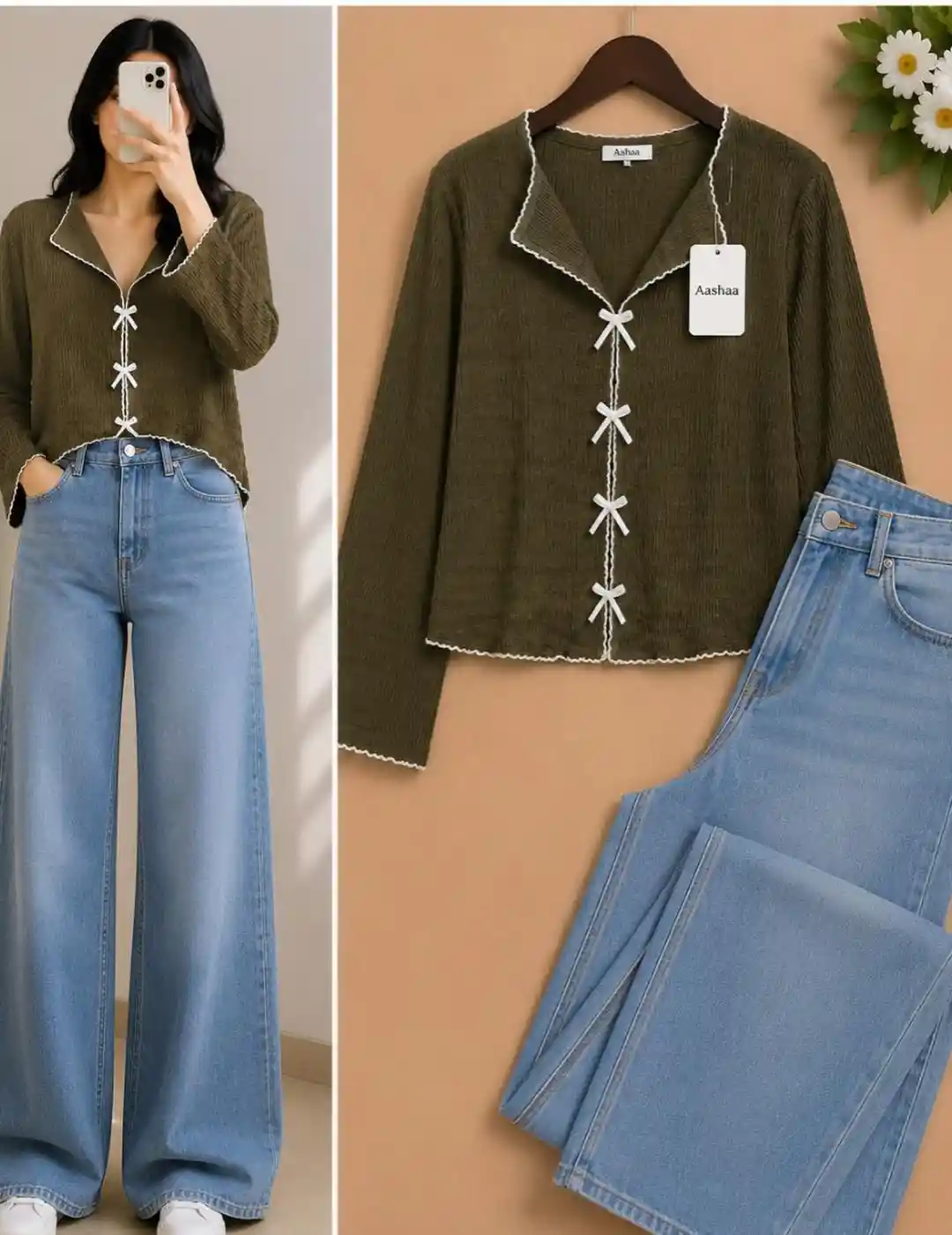 Women’s Ribbed Tie-Front Top with Wide Leg Denim Jeans Combo Set