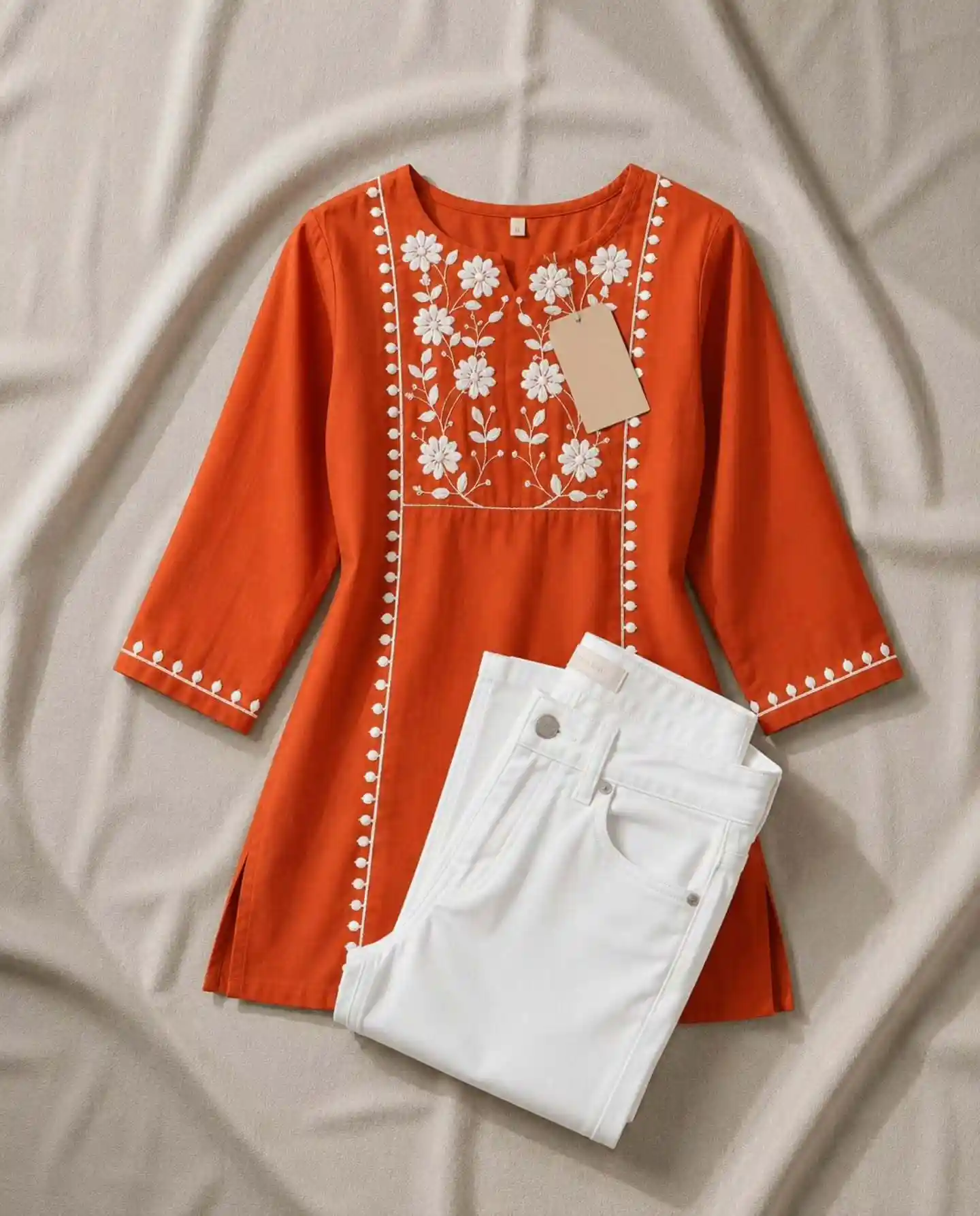 Women’s Orange Embroidered Kurti with White Jeans Combo Set