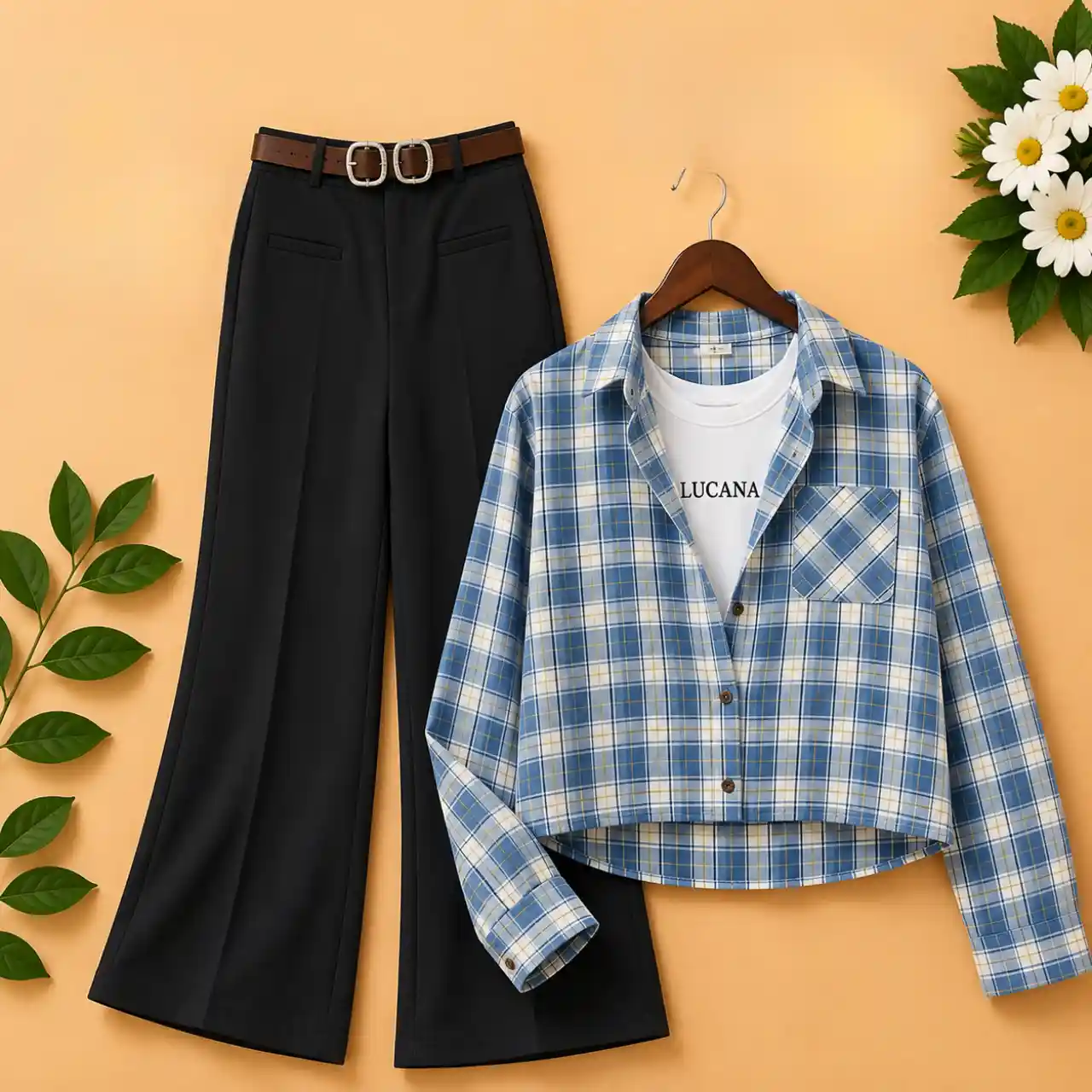 Women’s Blue Checked Crop Shirt with Inner Top & Black Wide-Leg Trouser Co-Ord Set
