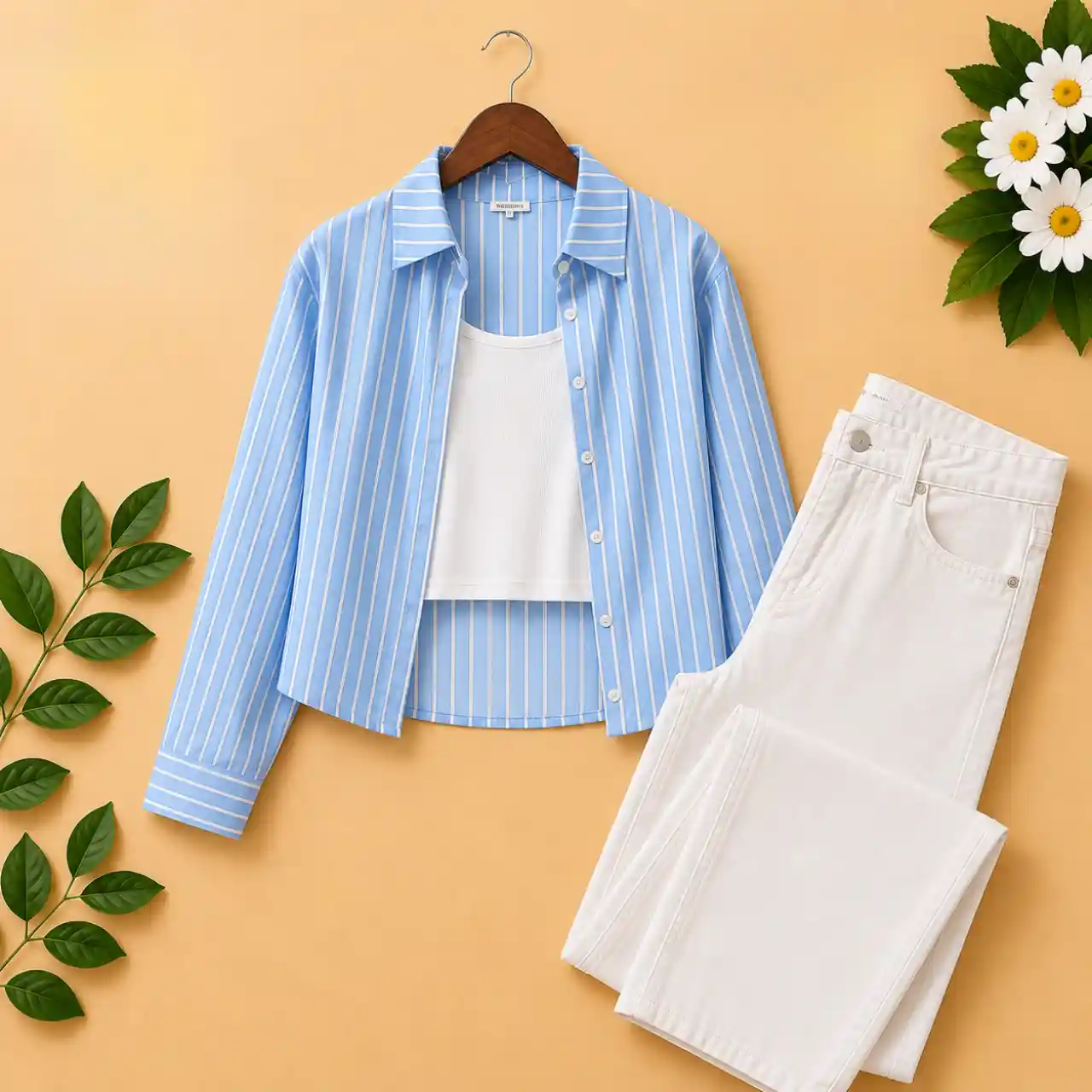 Women’s Blue Striped Shirt with White Inner Top & White Jeans Combo Set