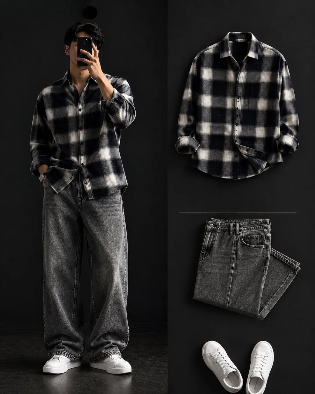 Ultimate Grunge Oversized Checkered Shirt & Grey Denim