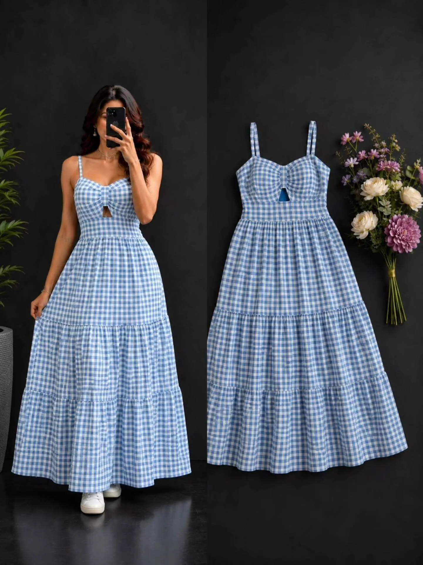 Summer Breeze Light Blue Gingham Tiered Maxi Dress