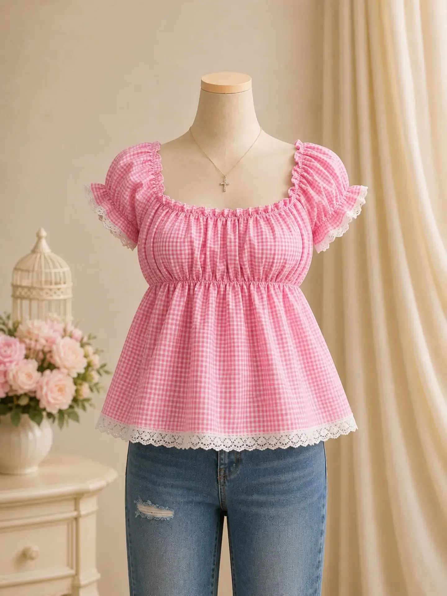 Charming Pink Gingham Babydoll T-Shirt