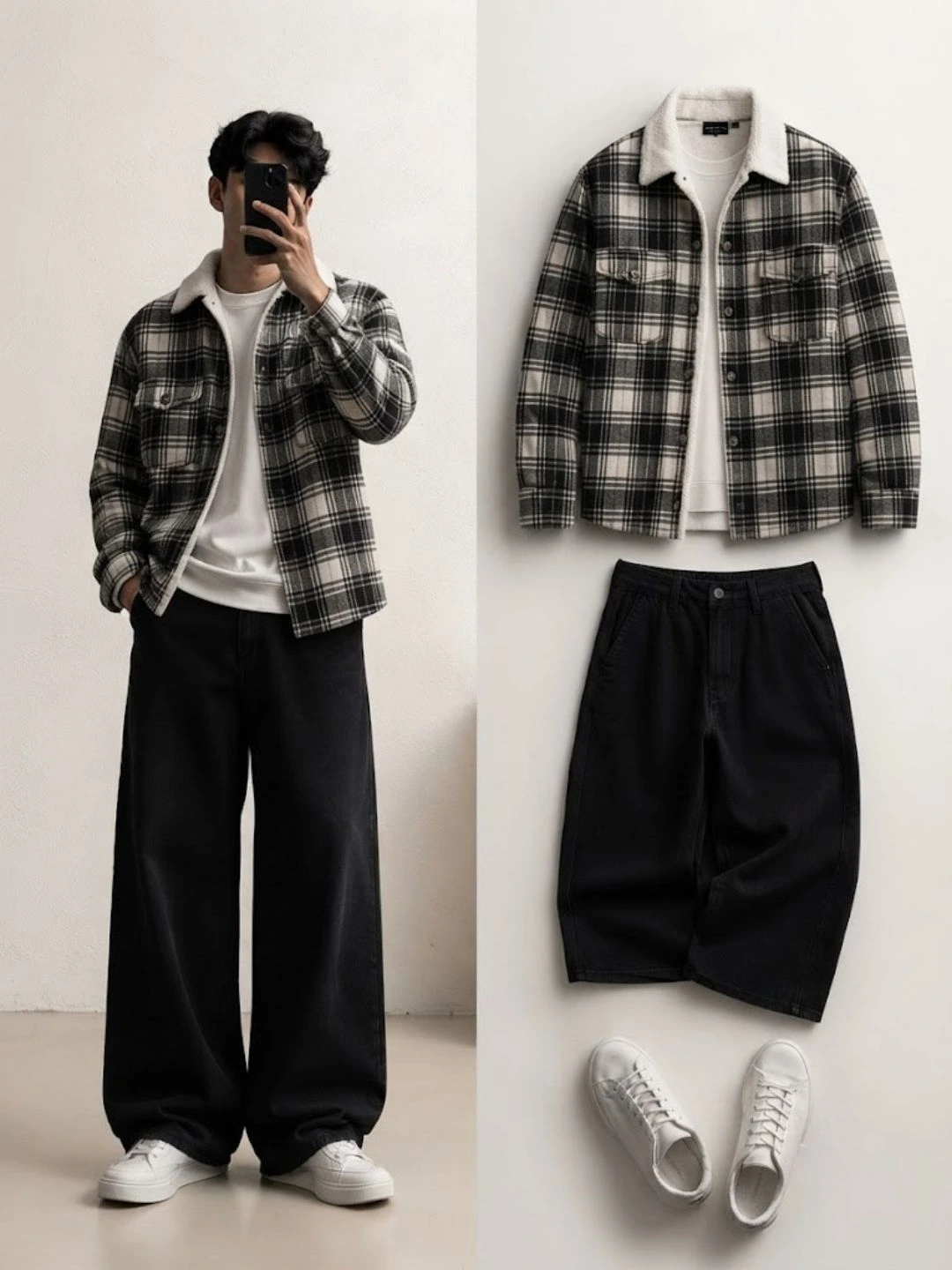 Monochrome Plaid Sherpa Jacket & Wide-Leg Black Denim Combo