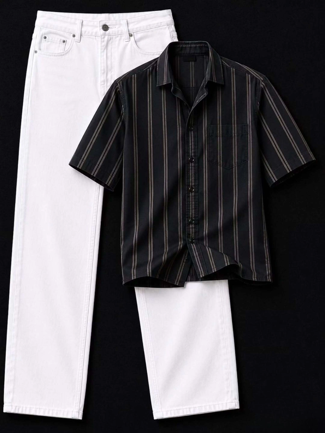 Striking Black Striped Short-Sleeve Shirt & White Denim Combo