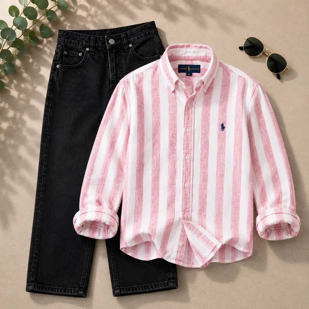 Vibrant Pink Striped Oxford Shirt and Black Jeans Combo