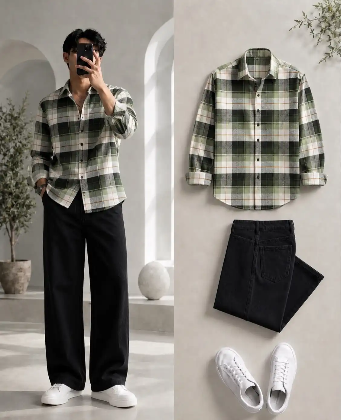 Earthy Tones Olive Green Plaid Shirt & Relaxed Black Denim
