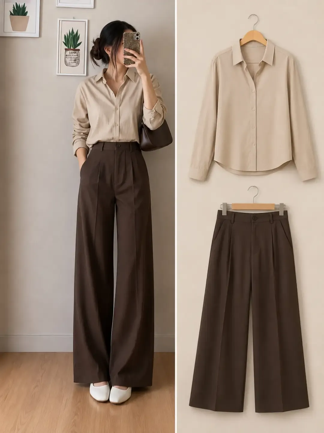 Chic Neutral Tones Beige Button-Down & Espresso Wide-Leg Trousers