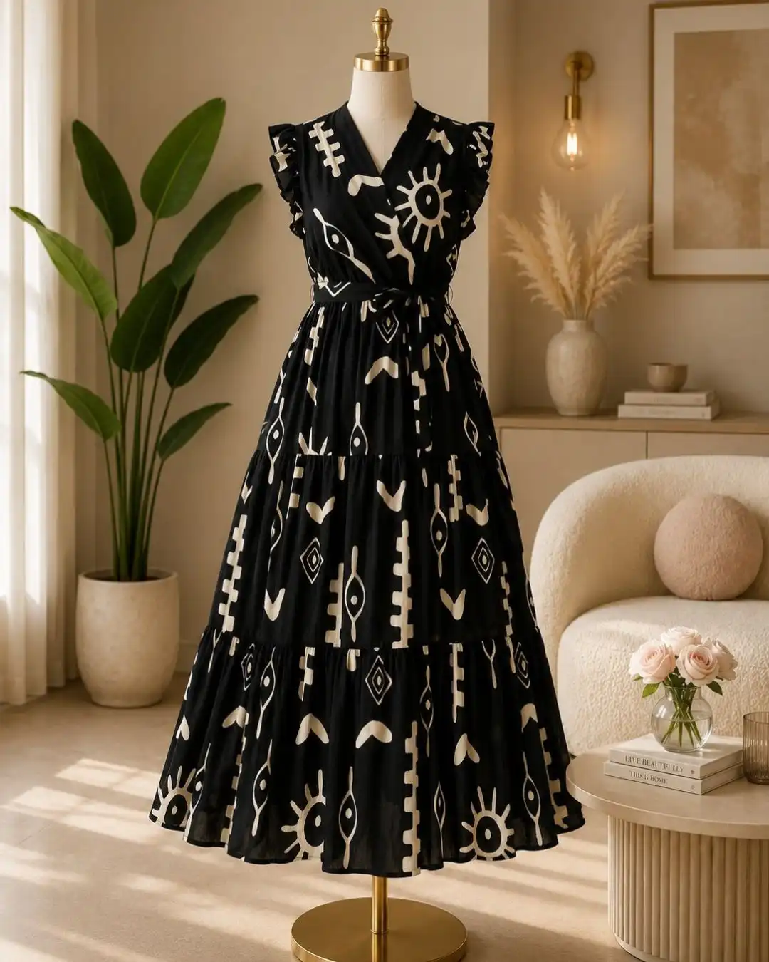 Bohemian Black & Cream Abstract Print Tiered Maxi Dress