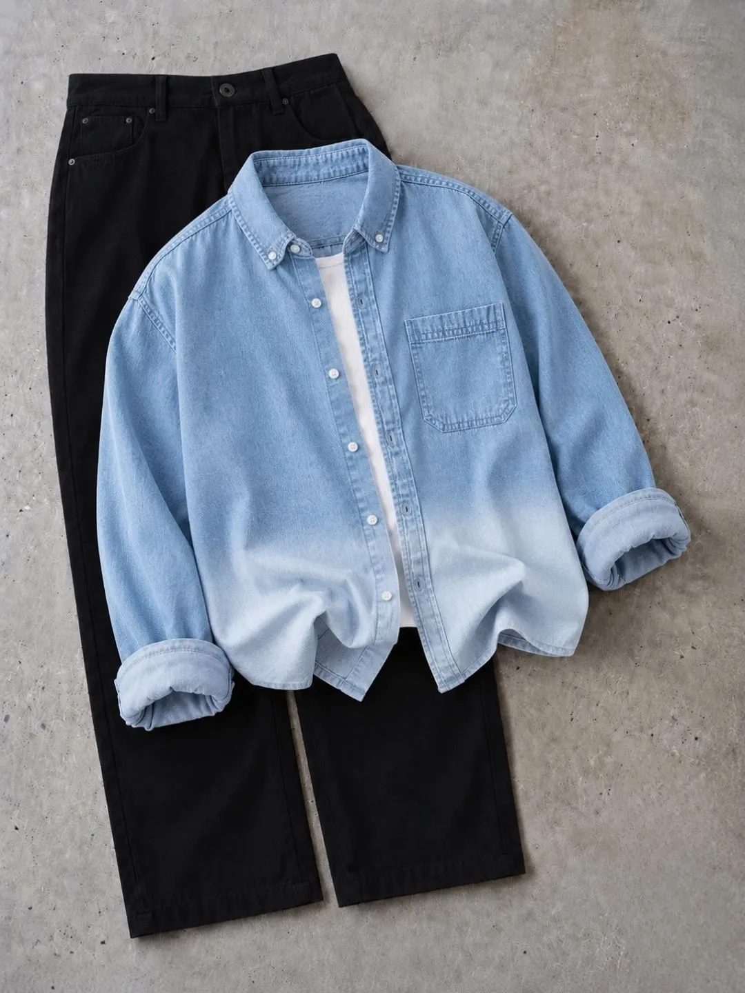 Men's Light Blue Ombre Denim Long-Sleeve Shirt with White Inner Tee