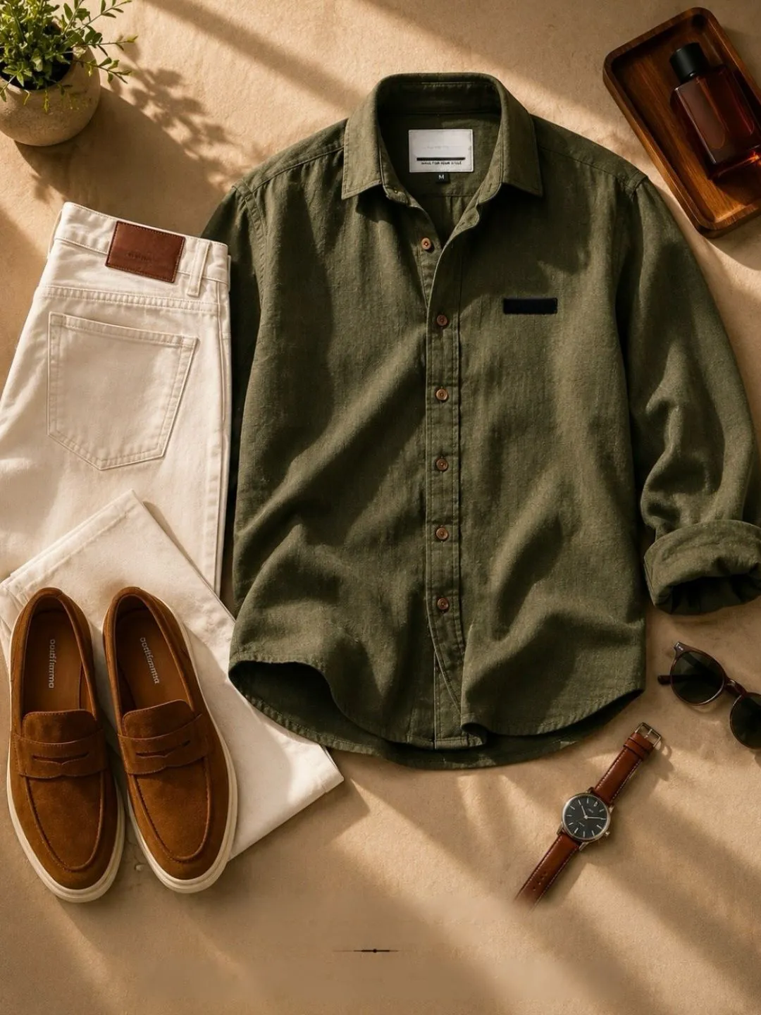 Men's Olive Green Full-Sleeve Casual Shirt with Off-White Jeans and Brown Loafers Combo