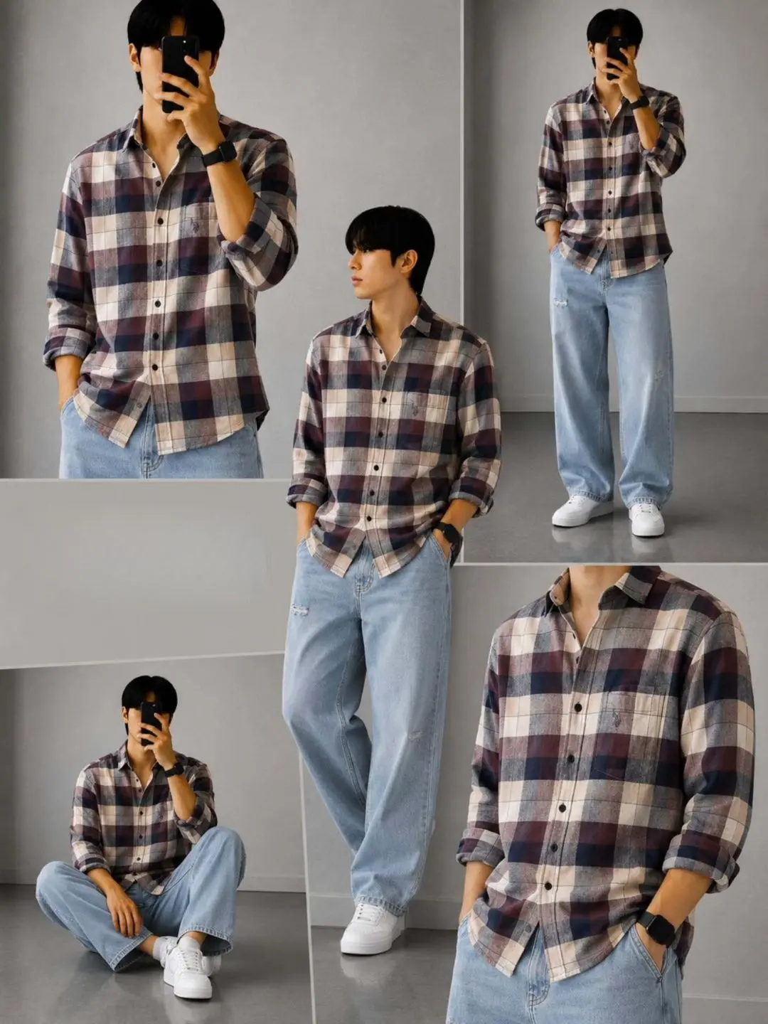Urban Explorer Men Plaid Flannel Shirt & Loose-Fit Jeans Set