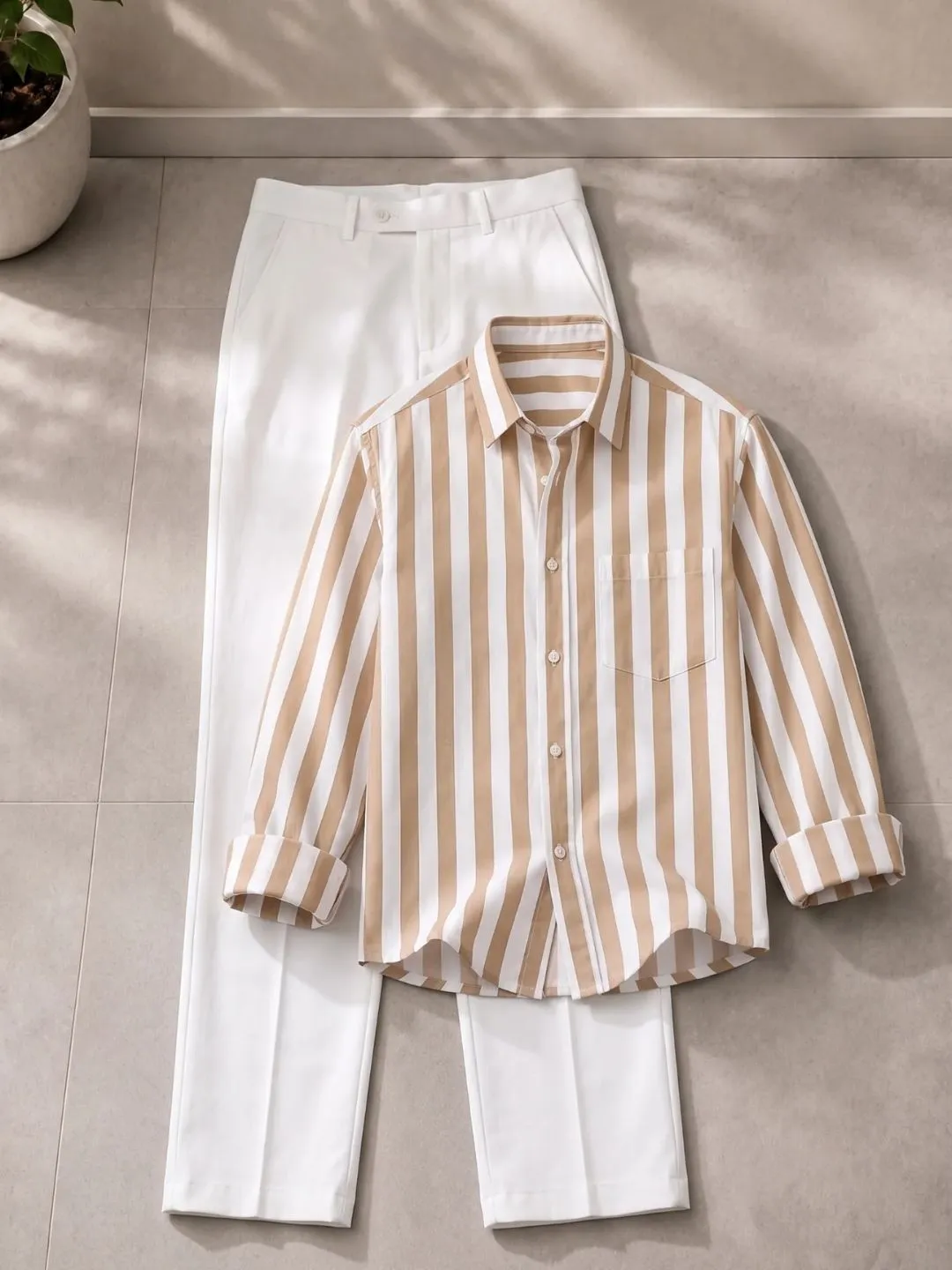 Classic Beige Striped Shirt & Tailored White Trousers Set-23