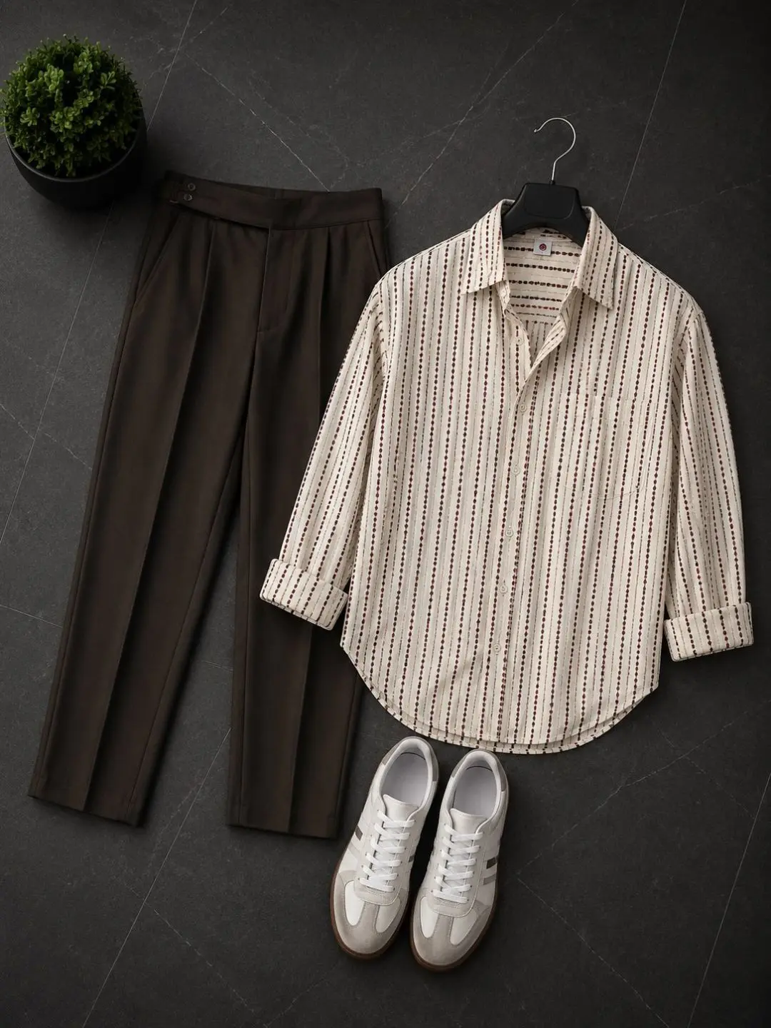 Modern Vintage Cream Striped Shirt & Dark Brown Pleated Trousers Combo