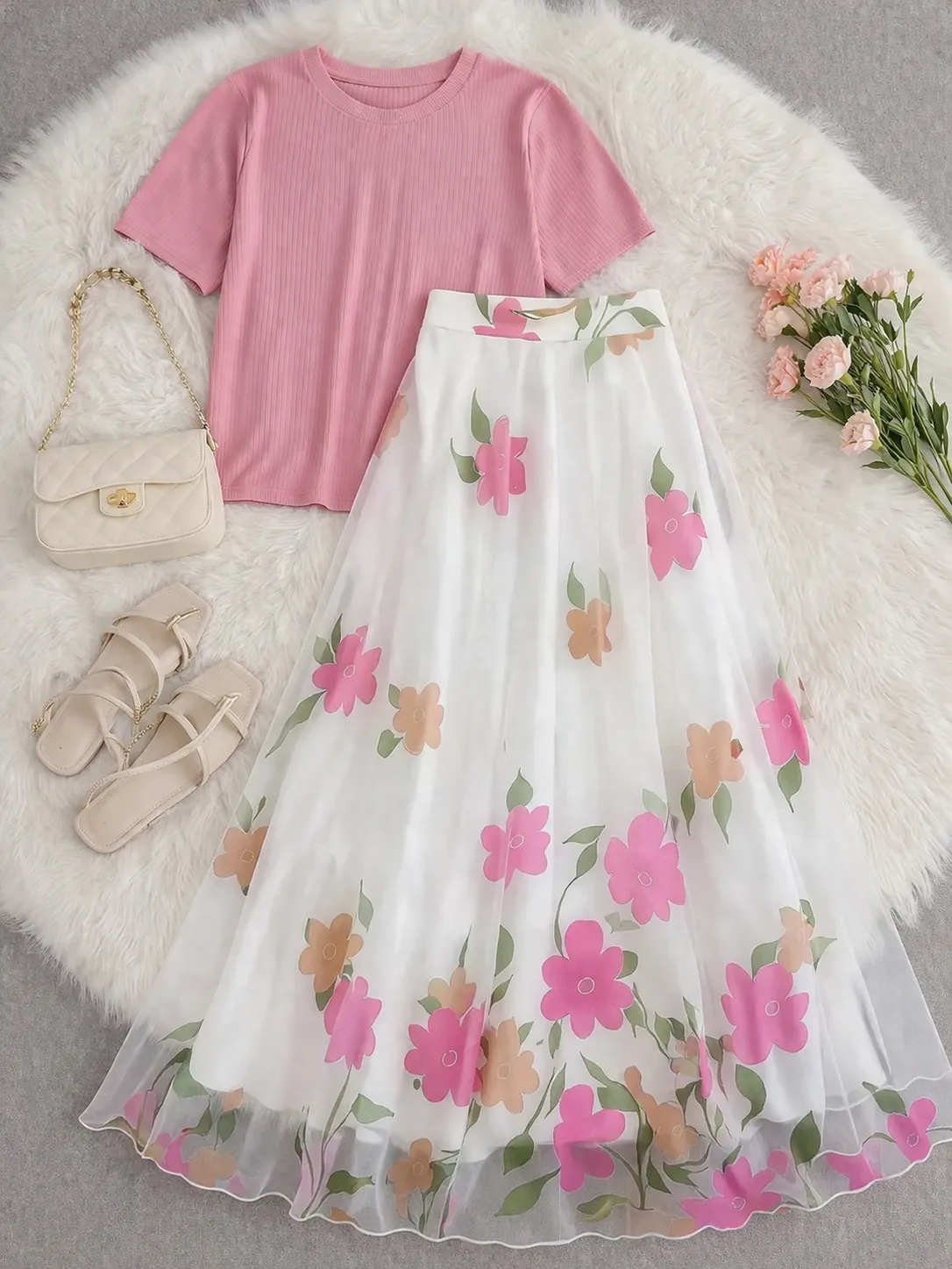 Women’s Floral Skirt Set – Ribbed Top with Printed Flowy Skirt