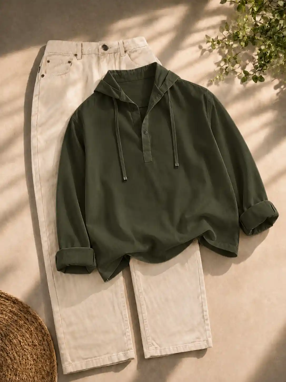 Men's Long-Sleeve Hooded Pullover T-Shirt with Matching Relaxed Trousers Combo